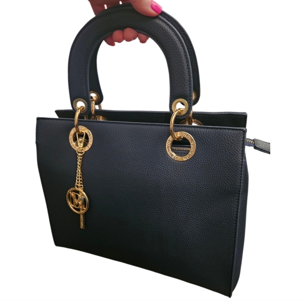 NWT Badgley Mischka Top Handle Navy Vegan Leather 2-Way Bag